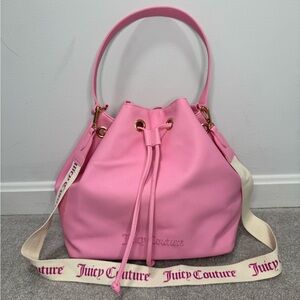 Juicy Couture Pink Texture Drawstring Shoulder Crossbody Bucket Bag Faux Leather